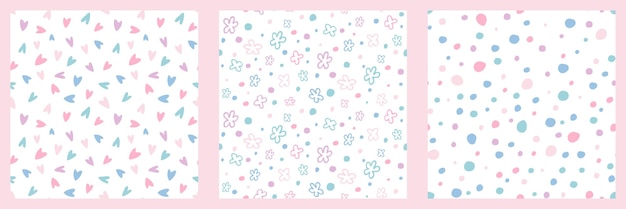 Lindo patrón sin costuras para chicas Corazones Flores Puntos en colores pastel fondo Doodle dibujado a mano