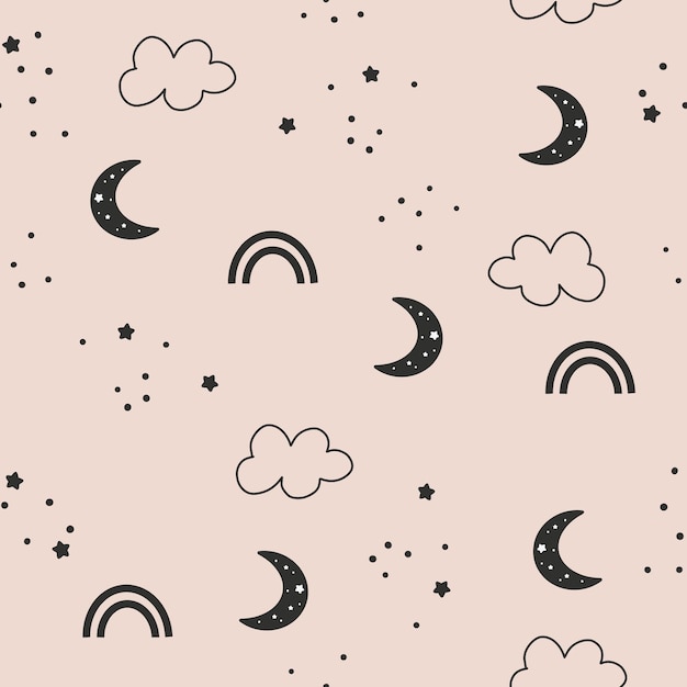 Lindo patrón sin costuras de cielo estrellado infantil Luna con estrellas en el fondo Vector simple fondo dibujado a mano para niños en estilo de dibujos animados