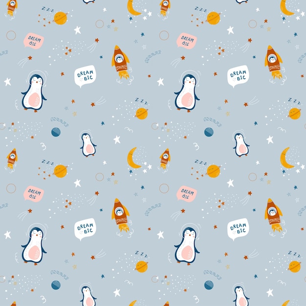 Lindo patrón sin costuras con cohetes, pingüinos y estrellas sobre fondo azul. tema cósmico.