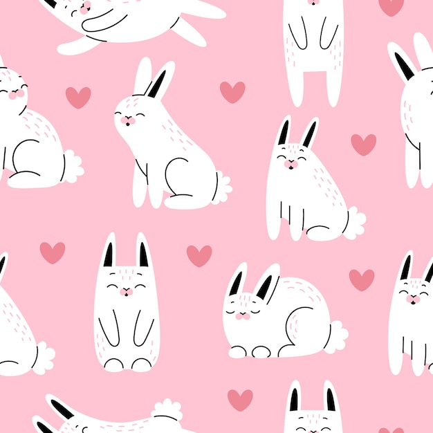 Lindo patrón sin costuras con conejitos blancos de pascua y corazones sobre un fondo rosa ilustración de dibujos animados vectoriales