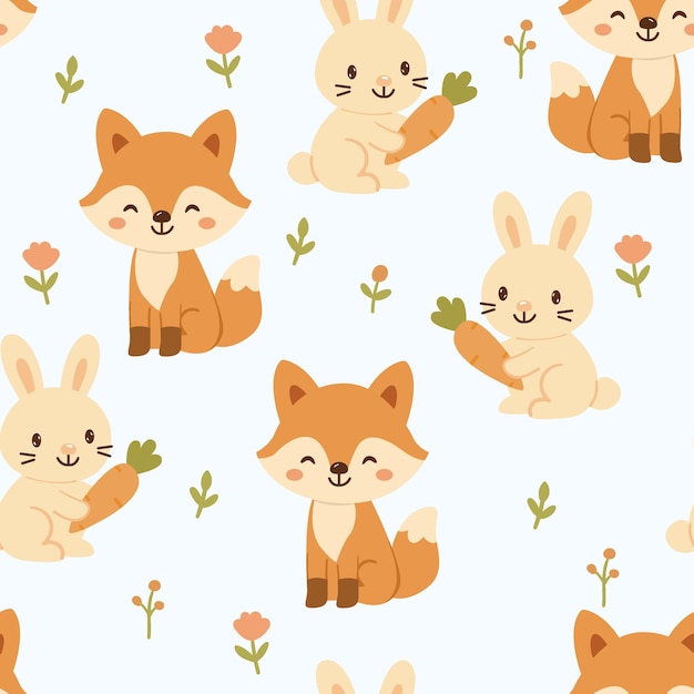 Lindo patrón sin costuras con conejo zorro en blanco Ilustración vectorial simple para impresión de textiles o papel Diseño infantil Kawaii pequeños animales