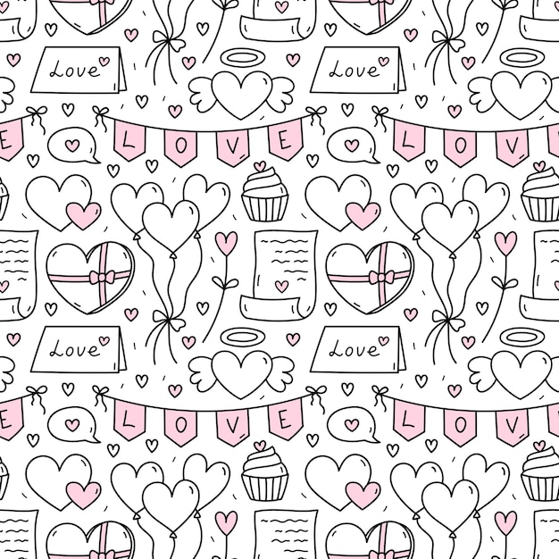 Vector lindo patrón sin costuras para el día de san valentín con corazones letras globos cupcakes chocolate candy