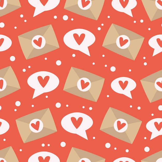 Lindo patrón sin costuras para el día de San Valentín con corazones, nubes de mensajes y sobres. Fondo para
