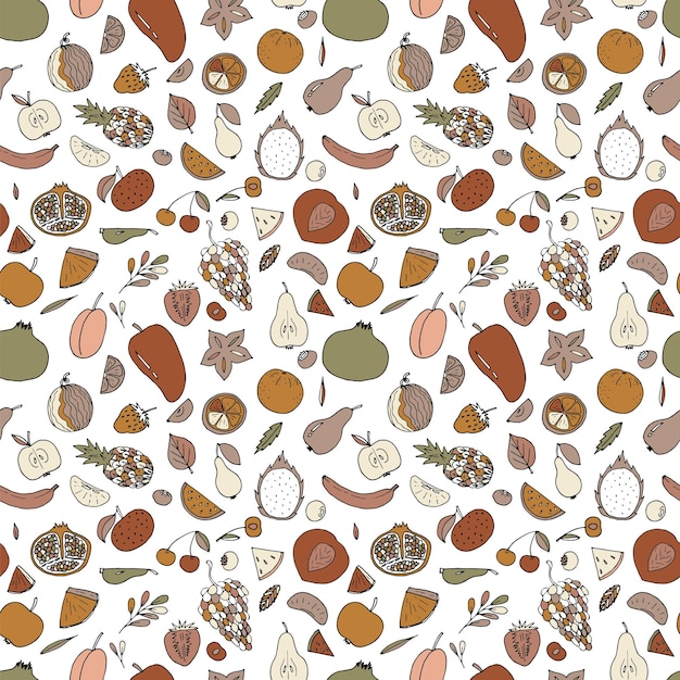 Lindo patrón sin costuras dibujado a mano con frutas y bayas de verano Fondo de alimentos saludables Impresión textil de moda