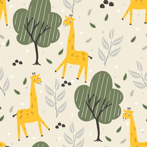 lindo patrón sin costuras con dibujos animados de jirafa y árbol