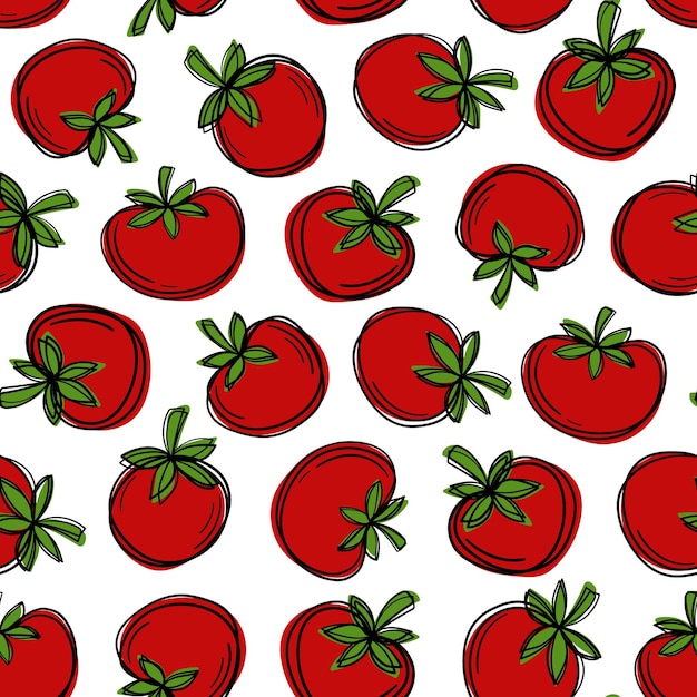 Lindo patrón sin costuras de dibujos animados con tomates. Contorno brillante y colores ricos.