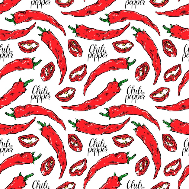 Lindo patrón sin costuras de diferentes chiles. ilustración dibujada a mano