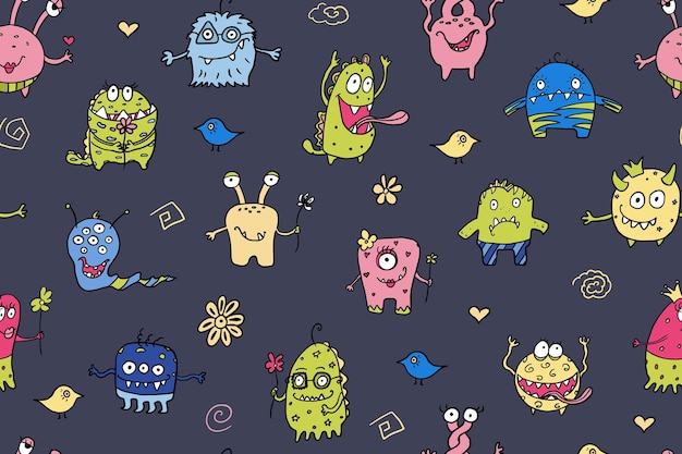 Lindo patrón sin costuras de diferentes monstruos alienígenas y extraterrestres estilo Doodle dibujado a mano