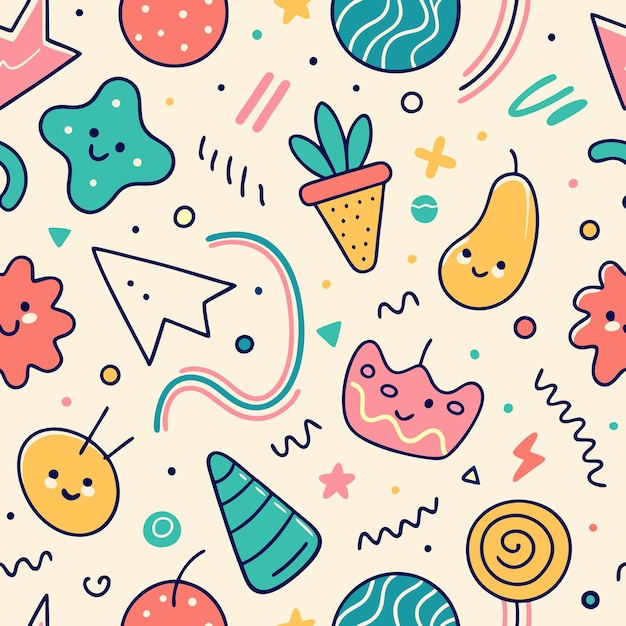 Lindo patrón sin costuras de Doodle con caras felices y formas abstractas