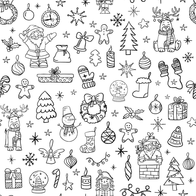 Lindo patrón sin costuras de elementos de Navidad y Año Nuevo estilo Doodle dibujado a mano