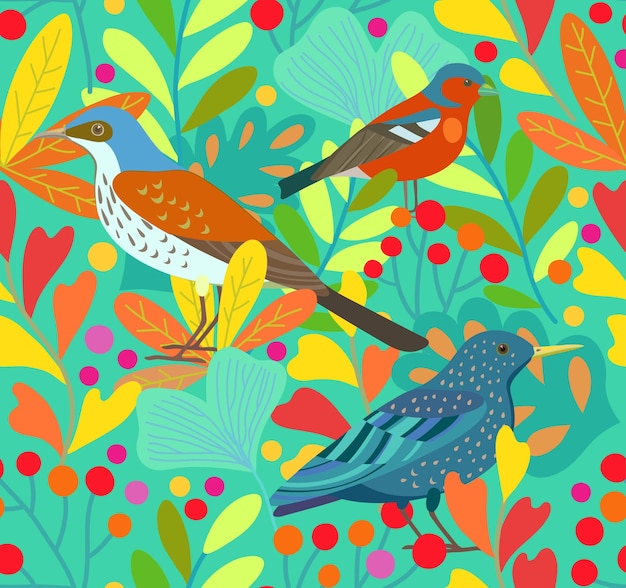 Lindo patrón sin costuras con elementos de pájaros y bayas Ilustración vectorial