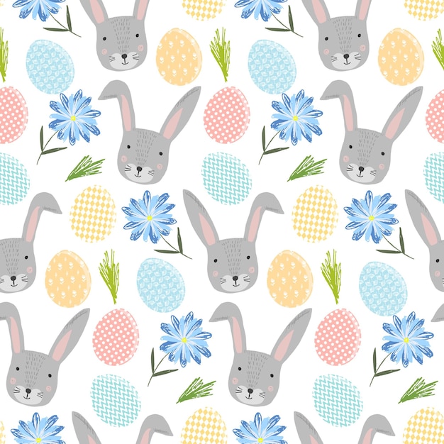 Lindo patrón sin costuras feliz Pascua con conejos grises de dibujos animados, huevos coloridos y flores