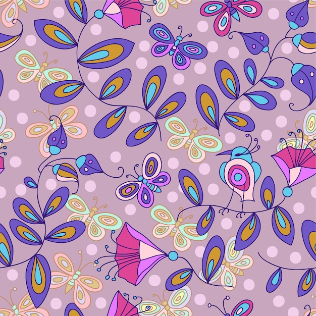 Lindo patrón sin costuras con flores pájaros y mariposas
