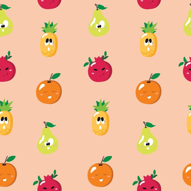 Lindo patrón sin costuras con frutas de dibujos animados: pera, piña, naranja y granate.