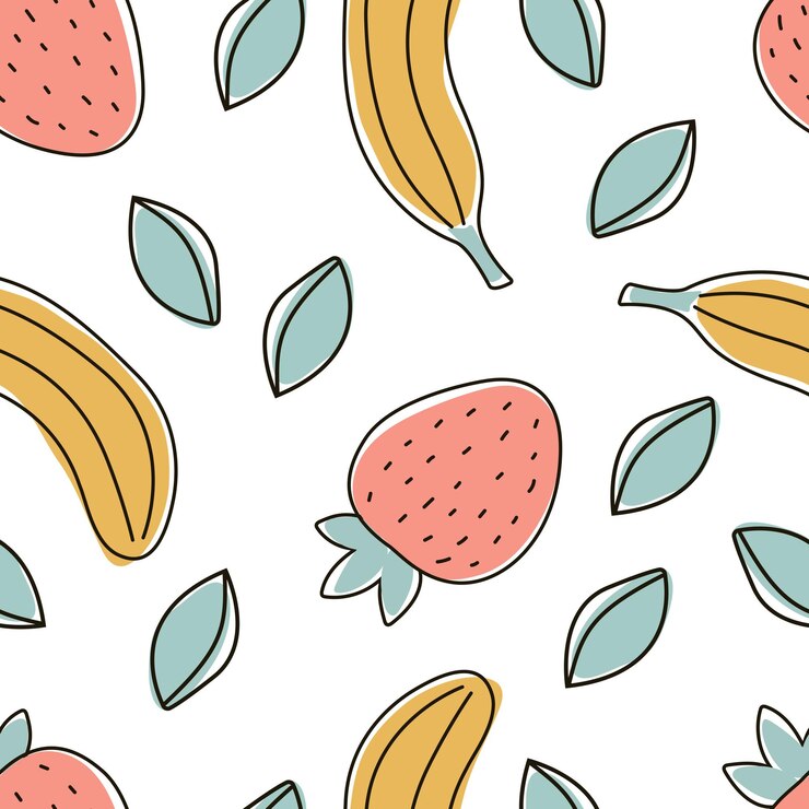 Lindo patrón sin costuras con frutas de fresa y plátano en un fondo blanco Ilustración vectorial