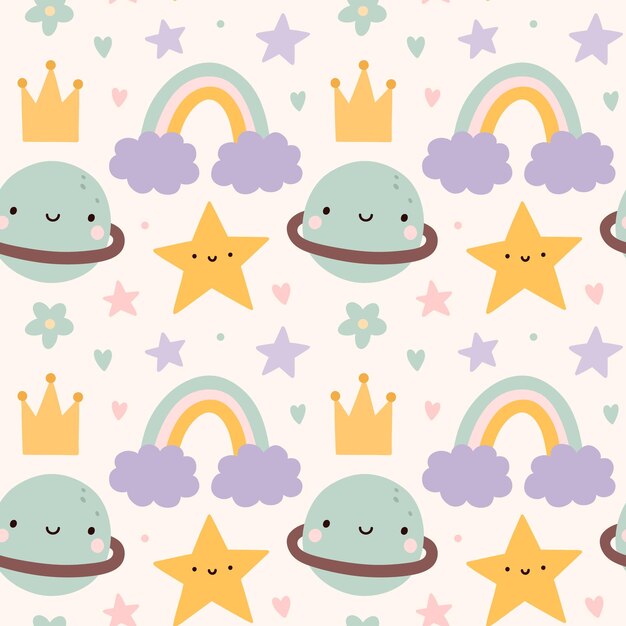 Lindo patrón sin costuras con garabates infantiles en colores pastel arco iris con nubes estrellas planetas ilustración plana dibujada a mano vectorial perfecta para impresión papel de envoltura papel tapiz tela textil