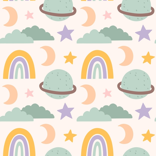Lindo patrón sin costuras con garabates infantiles en colores pastel planetas nubes estrellas arco iris luna vector ilustrado plano dibujado a mano perfecto para imprimir papel de envoltura papel tapiz tela textil