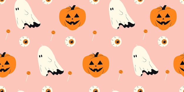 Vector lindo patrón sin costuras de halloween con calabaza embrujada y ojos en fondo rosa