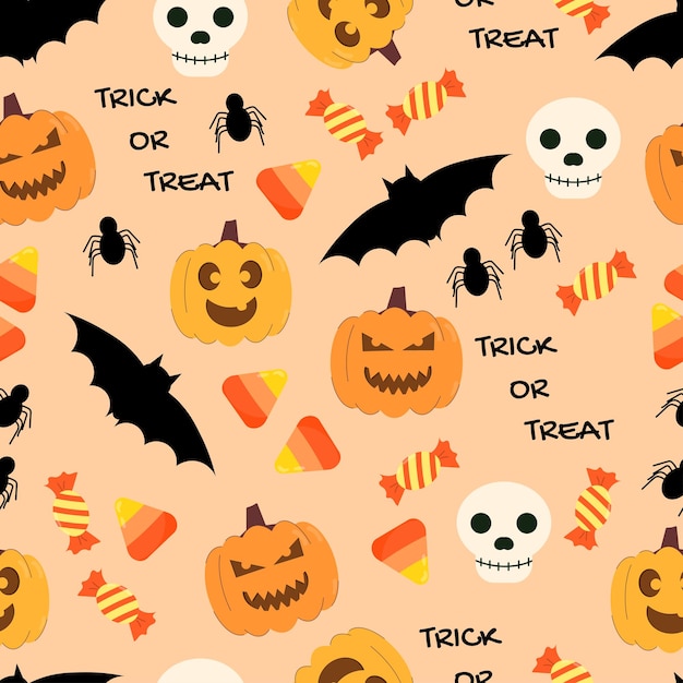 Lindo patrón sin costuras de halloween con dulces, jack o linternas, murciélagos, arañas y una calavera
