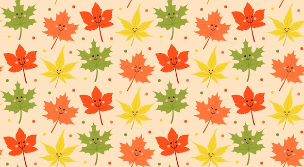 Lindo patrón sin costuras de hojas de otoño de kawaii Ilustración de dibujos animados vectoriales