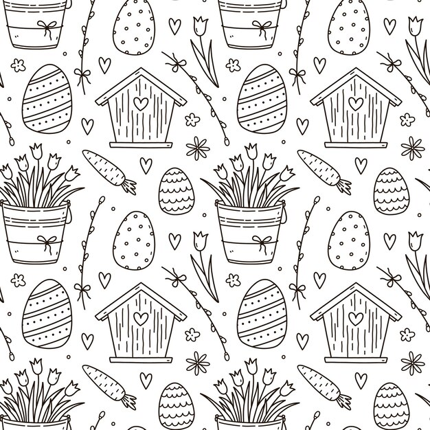 Lindo patrón sin costuras con huevos de Pascua mariposas casas de pájaros zanahorias y flores
