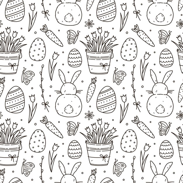 Lindo patrón sin costuras con huevos de Pascua, mariposas, conejitos y flores.