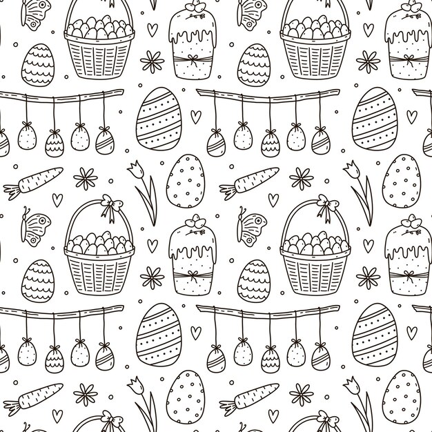 Lindo patrón sin costuras con huevos de Pascua y pasteles mariposas y flores ilustración dibujada a mano