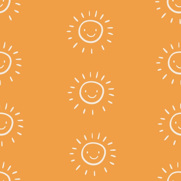 Vector lindo patrón sin costuras de iconos de sol. divertidos soles sonrientes felices. fondo de dibujos animados brillante y hermoso