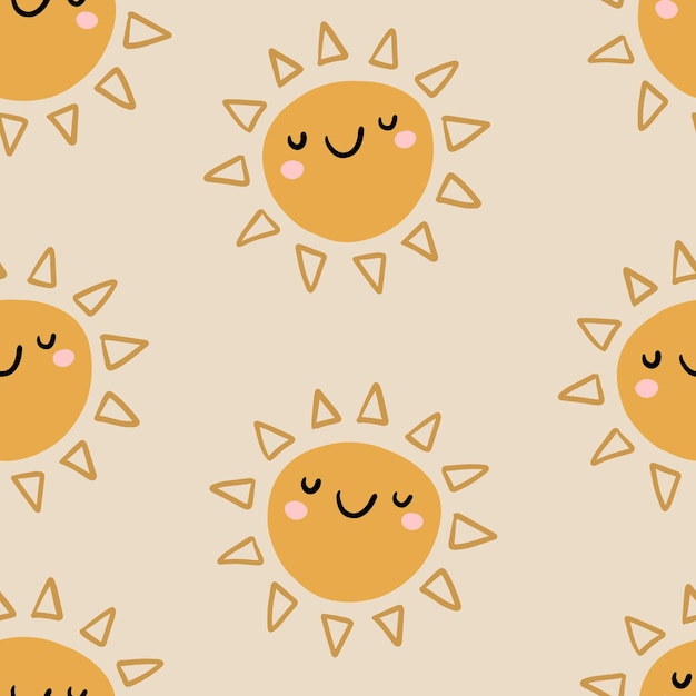 Lindo patrón sin costuras de iconos de sol. Divertidos soles sonrientes felices. Fondo de dibujos animados brillante y hermoso