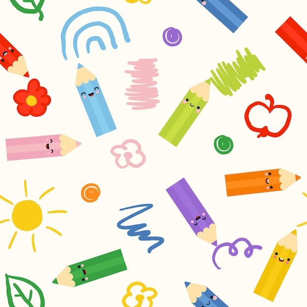 Lindo patrón sin costuras infantil con lápices de colores kawaii y ilustraciones de garabateo Vector