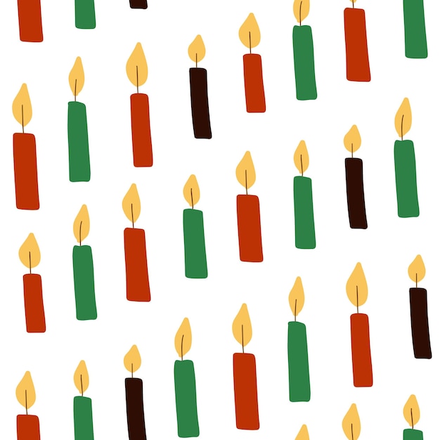 Lindo patrón sin costuras de Kwanzaa con velas kinara simples dibujadas a mano en colores africanos tradicionales