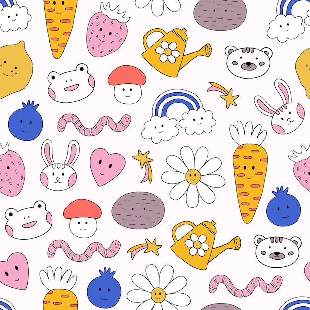 Lindo patrón sin costuras con lindos vegetales y animales Kawaii Patrón con garabatos de primavera