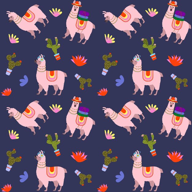 Lindo patrón sin costuras de llama y cactus Ilustración vectorial sobre un fondo azul