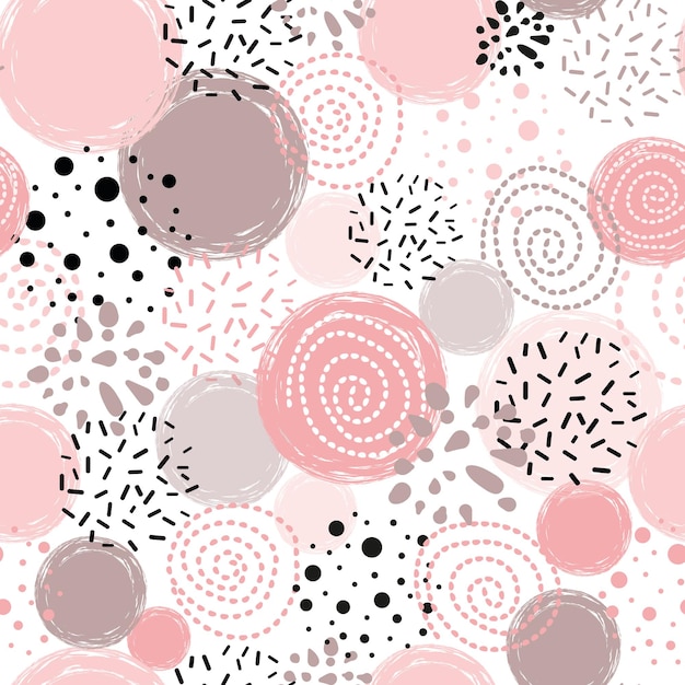 Lindo patrón sin costuras lunares ornamento abstracto decorado círculos dibujados a mano rosa negro formas redondas Ilustración vectorial para envoltura de papel tapiz Puntos dorados destellos fondo de puntos brillantes
