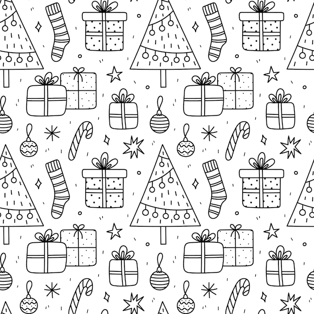 Lindo patrón sin costuras de Navidad con adornos de regalos Árbol de Navidad calcetines bastón de caramelo copos de nieve y estrellas