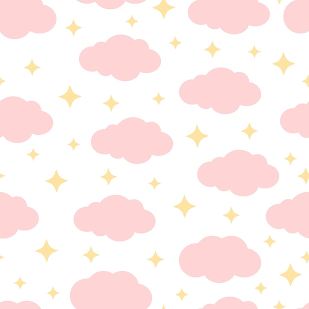 Lindo patrón sin costuras con nubes y estrellas amarillas sobre un fondo blanco Ilustración vectorial
