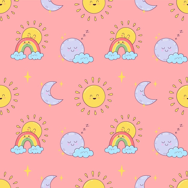 Lindo patrón sin costuras con nubes kawaii arco iris y estrellas patrón para tela papel tapiz papel de envoltura niños ropa producto para bebés