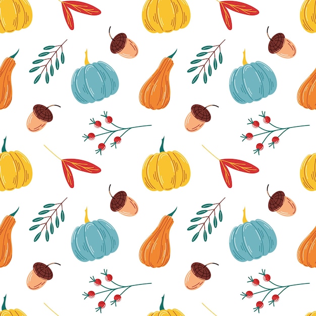 Lindo patrón sin costuras de otoño en diseño de fondo de estilo plano con hojas bellotas calabaza rowan