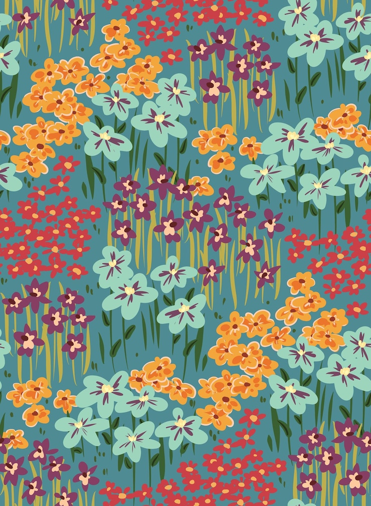 Lindo patrón sin costuras con pradera floreciente Estampado brillante multicolor con varias flores pequeñas y hojas Ilustración vectorial