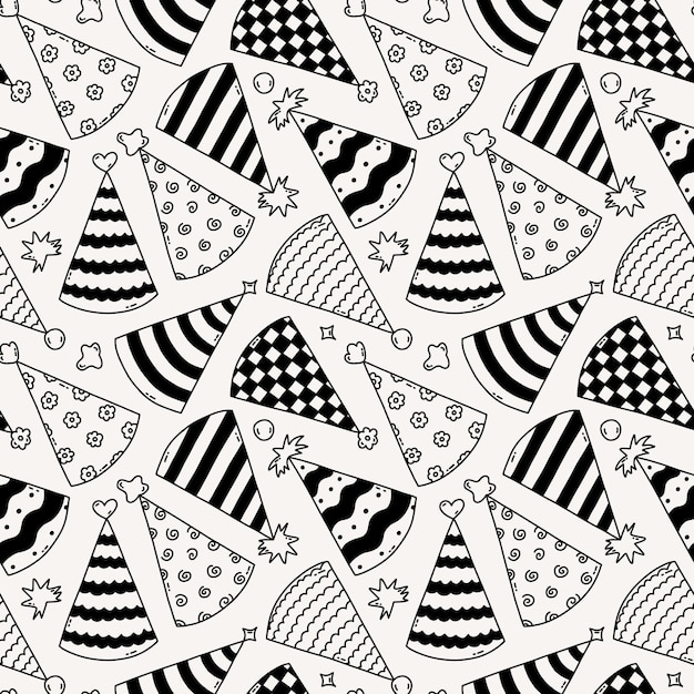 Lindo patrón sin costuras con sombreros de fiesta de cumpleaños en estilo de contorno de garabato Diseño infantil con gorras de vacaciones para envolver papel imprime fondo tela álbum de recortes Papel digital de vacaciones para niños