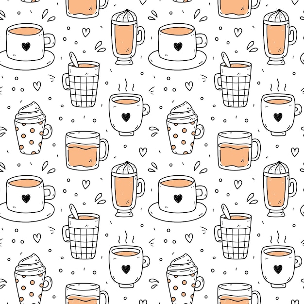 Lindo patrón sin costuras con tazas de café americano capuchino mocha latte doodle ilustración