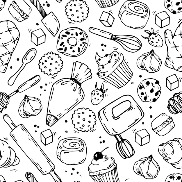 lindo patrón sin costuras en el tema de la panadería de confitería dibujos dibujos con postres pastel