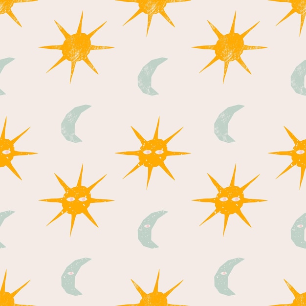 Lindo patrón sin costuras con textura de sol y luna diseño de fondo de impresión cuadrada vectorial