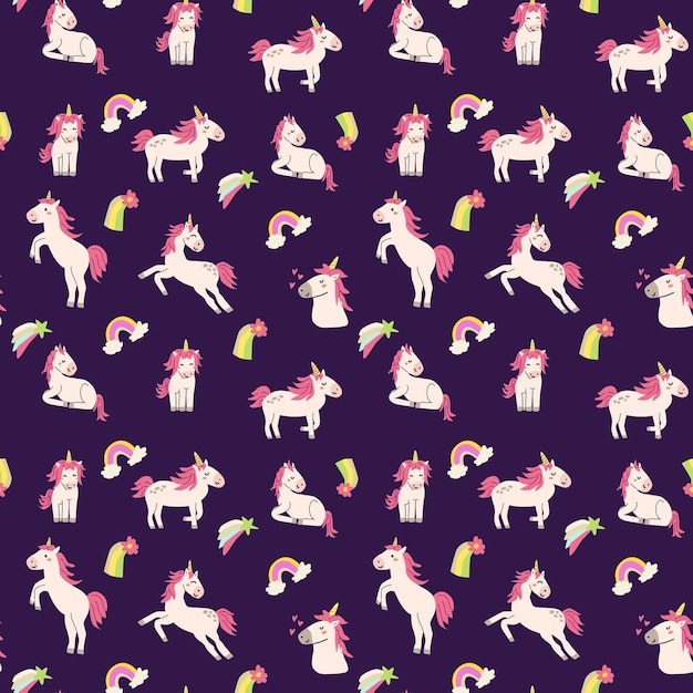 Lindo patrón sin costuras de unicornio para textil Fondo mágico infantil