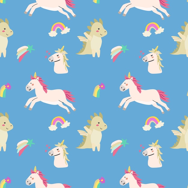 Lindo patrón sin costuras de unicornio para textil Fondo mágico infantil