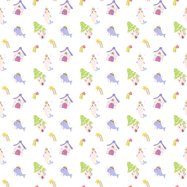 Lindo patrón sin costuras de unicornio para textil Fondo mágico infantil
