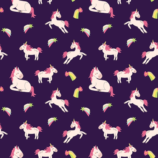 Lindo patrón sin costuras de unicornio para textil Fondo mágico infantil