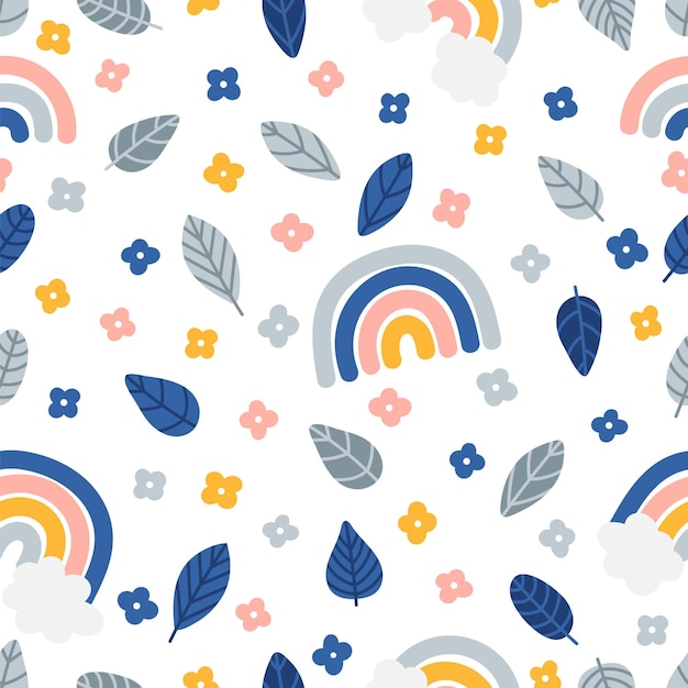Lindo patrón sin costuras de verano con elementos dibujados a mano Hojas de flores y arco iris Diseño de impresión genial para envolver telas papel textil
