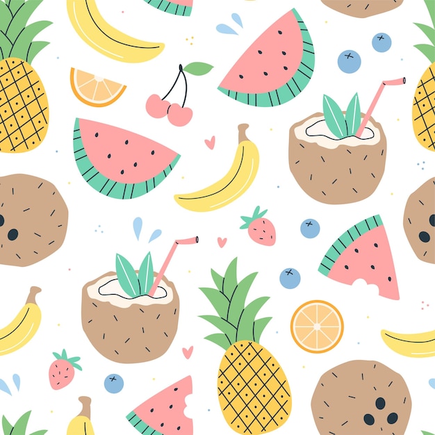 Lindo patrón sin costuras de verano con frutas y bayas en un fondo blanco Ilustración plana vectorial