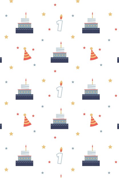 lindo patrón de cumpleaños con sombrero de pastel y estrellas en un fondo blanco